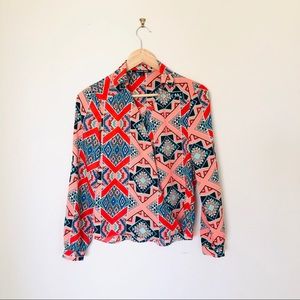 70’s graphic print faux wrap top